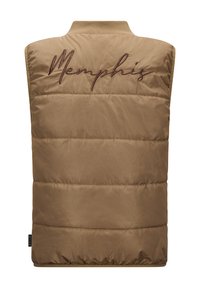 Braune gepolsterte Weste mit hohem Kragen, bestickt mit "Memphis" in dunklerem Braun. Weicher Stoff, gestepptes Design, elastischer Saum.