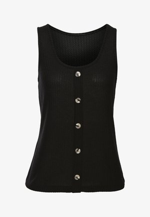 Débardeur noir avec un motif de tricot texturé, encolure dégagée et six boutons en argent sur le devant. Design sans manches et coupe ajustée.