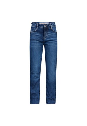 Denim-Jeans in einem mittelblauen Wasches, mit klassischem Fünf-Taschen-Stil, geradem Bein und Kontrastnähten.