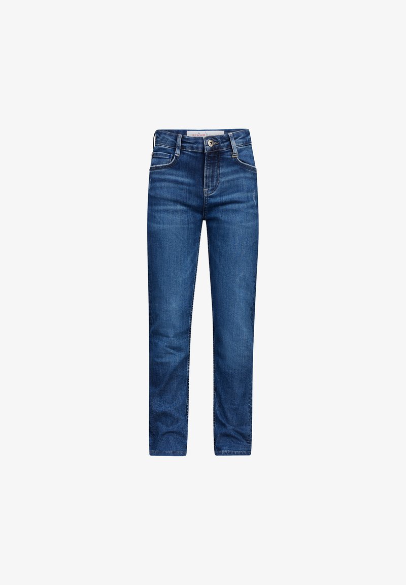Denimjeans in een middelblauwe wassing, met een klassieke vijf-pocketstijl, een rechte pijp en contrasterende stikdetails.