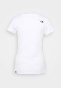 White short-sleeve t-shirt made of cotton, featuring a small black logo on the upper back and a straight hem at the bottom.
