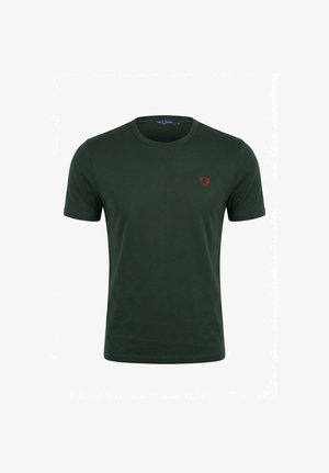 Donkergroen T-shirt met korte mouwen en een ronde hals, met een klein rood geborduurd logo op de linkerborst.