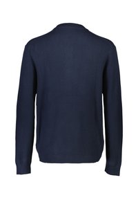 Mörkblå stickad tröja med rund halsringning, långa ärmar och ribbade mudd. Slät yta utan mönster eller dekorationer.