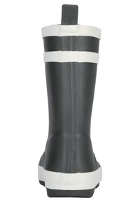 Botte en caoutchouc noir avec des rayures blanches, conçue avec un tige haute, une surface texturée et une languette à l'arrière pour un enfilage facile.