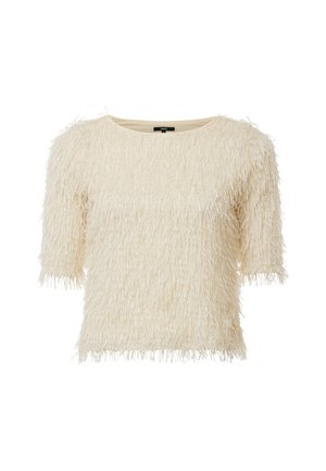 Top de manga corta en color crema, con un acabado texturizado y borroso y detalles de flecos. Cuello redondeado y ajuste relajado.