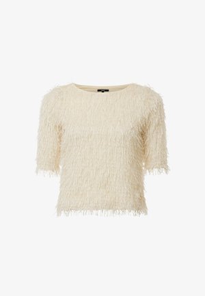 Kortærmet top i cremefarve med en tekstureret, fuzzy overflade og frynsedetaljer. Rund halsudskæring og afslappet pasform.