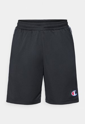 Svarte treningsshorts med elastisk linning, glatt tekstur, kne-lengde design som har en liten farget logo på nederste venstre ben.