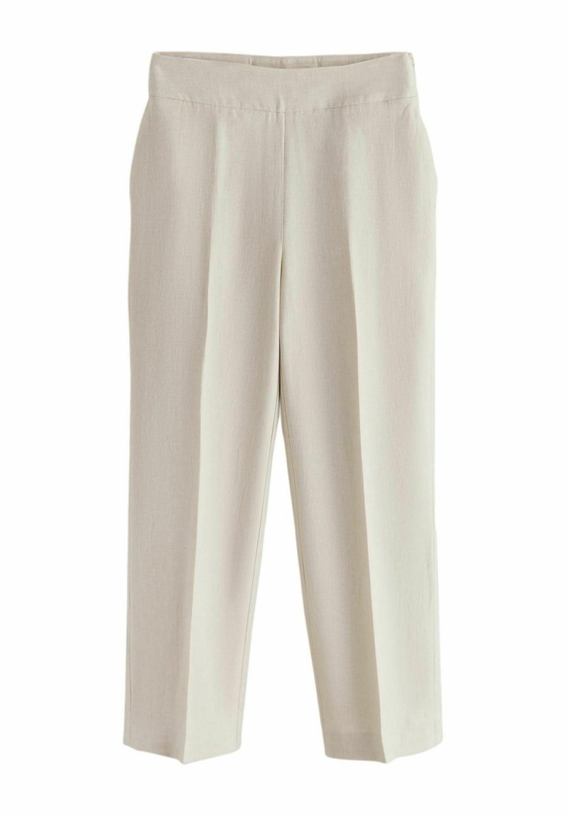Pantalon beige droit à taille plate, sans poches ni ornements visibles, présenté sur un fond blanc.