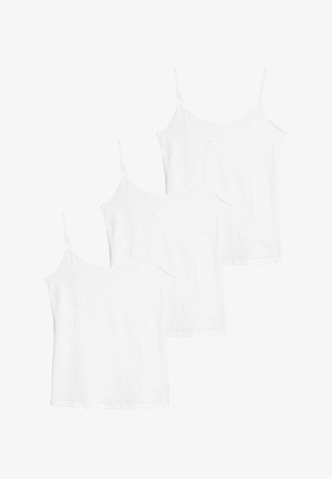Three white camisoles with thin straps, featuring a V-neck design and a smooth, soft texture. Each top is simple and unembellished.