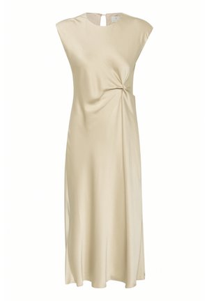 Abito senza maniche, lungo fino al ginocchio in satin beige. Presenta un dettaglio con nodo in vita e una schiena con apertura a chiave. Texture liscia e elegante.
