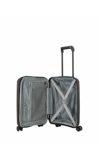 Valise cabine noire avec une poignée rétractable, des roues doubles et un intérieur gris comportant des poches en mesh et des sangles de compression.