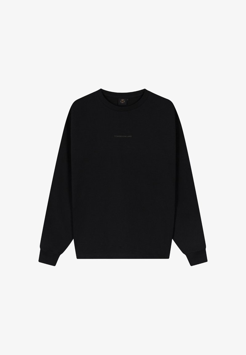 Zwarte ronde hals sweatshirt van katoen, met lange mouwen, een relaxte pasvorm en een subtiele "TOMORROWLAND" logo in het midden.
