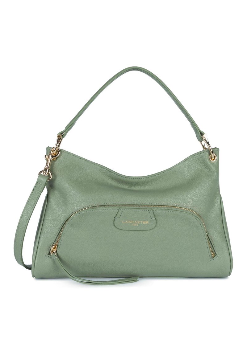 Groene leren handtas met een gestructureerde vorm, voorzien van een ritsvoorvak, gouden hardware accenten en een enkele schouderriem.