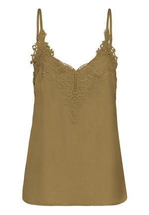 Oliveirohelest satiinist kammois, millel on reguleeritavad rihmad, keerukate pitsdetailidega kaelusel ja siledal, voolaval tekstuuril.