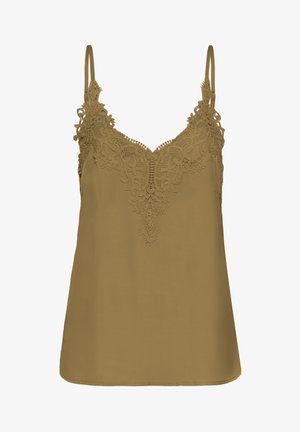 Oliveirohelest satiinist kammois, millel on reguleeritavad rihmad, keerukate pitsdetailidega kaelusel ja siledal, voolaval tekstuuril.