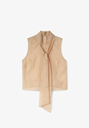 Blusa beige senza maniche con colletto annodato, decorata con piccoli dettagli luccicanti, realizzata in tessuto leggero.