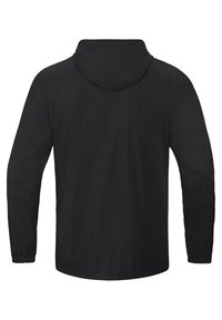 Veste légère noire avec capuche, manches longues et poignets élastiques. Texture lisse, design simple, sans matériel ou accents visibles.