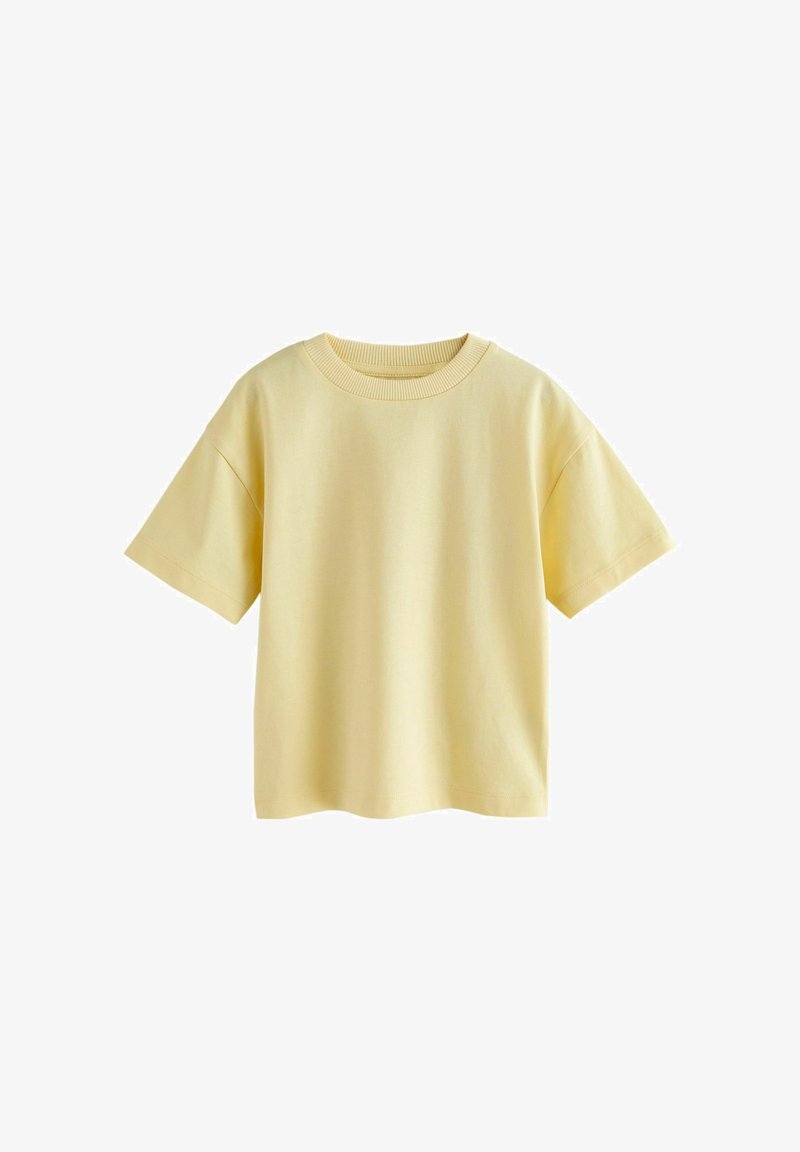 T-shirt in cotone a maniche corte di colore giallo chiaro con scollatura rotonda e vestibilità comoda, mostrata su sfondo bianco.