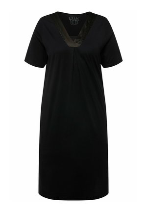 Sort T-shirt kjole med korte ærmer, V-hals med satin detaljer. Blødt, glat stof med en afslappet pasform og plisseret design.