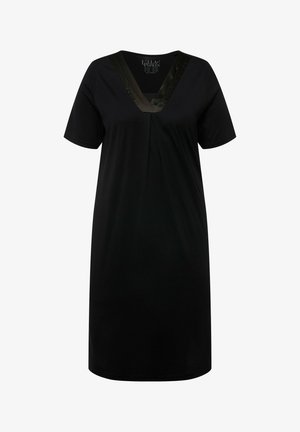 Sort T-shirt kjole med korte ærmer, V-hals med satin detaljer. Blødt, glat stof med en afslappet pasform og plisseret design.