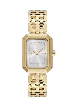 Rektangulært guldfarvet armbåndsur med kædeled, hvid urskive, gyldne visere, minimale timemarkeringer og A|X-logo klokken 12.