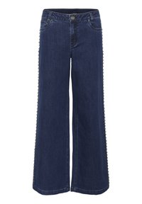 Široke denim jeans v temno modri barvi, z gladko teksturo in dekorativnimi krami ob stranskih šivih, standardnim pasom in dizajnom s petimi žepi.