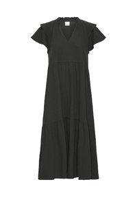 Robe midi noire avec décolleté en V, manches courtes à volants et taille haute froncée, en tissu texturé.