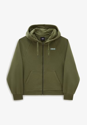 Olivgroene hoodie met rits, voorzakken, trekkoord in de capuchon, geribde boorden en zoom, en klein Vans-logo op de linkerborst.