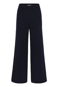 Μπλε ναυτικό πλεκτό παντελόνι φαρδύ με ελαστική μέση, μήκος μέχρι τον αστράγαλο, άνετη εφαρμογή, μονόχρωμο, χωρίς σχέδια ή διακοσμήσεις.