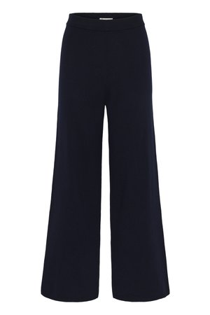 Marineblå strikkebukser med vide ben, elastisk linning, ankellengde, avslappet passform, ensfarget, uten mønstre eller pynt.