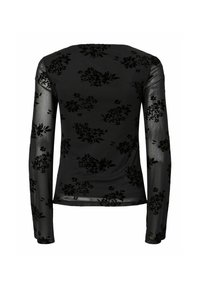Top lungo nero a maniche con tessuto trasparente caratterizzato da un motivo floreale in velluto. Collo rotondo e silhouette aderente, che mette in risalto la texture e il design.