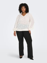 Vit genomskinlig blus med blommigt mönster och V-ringning, utrustad med långa ärmar och elastiska ärmslut, kombinerad med svarta byxor och högklackade skor.