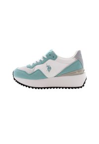Scarpa sportiva bianca e teal con tomaia in suede e mesh, presenta un tallone trasparente, suola in gomma e dettaglio logo sul lato.