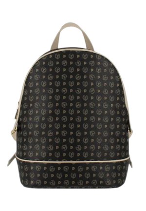 Piccolo zaino marrone scuro con rifiniture beige e motivo circolare "P" ripetuto, con maniglia superiore e cerniera laterale.