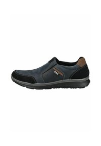 Slip-on shoe in dark blue leather with black suede accents, brown detailing, and a textured rubber sole. Features elastic side panels for easy wear.