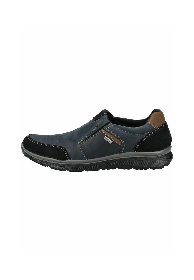 Slip-on shoe in dark blue leather with black suede accents, brown detailing, and a textured rubber sole. Features elastic side panels for easy wear.