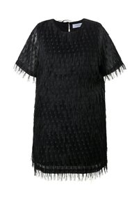 Abito nero a maniche corte con un design a frange testurizzate, con scollo rotondo e dettaglio a chiave sulla schiena. Tessuto leggero e trasparente.