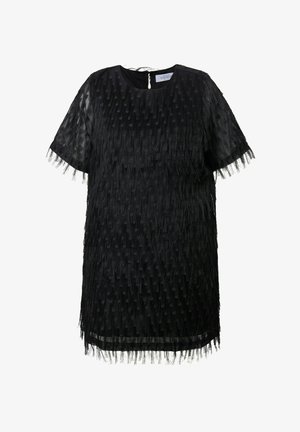 Abito nero a maniche corte con un design a frange testurizzate, con scollo rotondo e dettaglio a chiave sulla schiena. Tessuto leggero e trasparente.