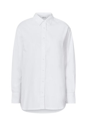 Weißes langärmliges Hemd mit Knöpfen und Kragen, aus glattem Material, mit geradem Saum und Knopfverschluss auf der Vorderseite.