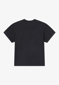 T-shirt noir à manches courtes et col rond, posé à plat, montrant le dos sur fond blanc.