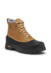Ruskean nahkaiset keskikorkeat saappaat, joissa on kuminen alaosa, harmaa vuori ja Vibram-pohja. Varustettu metallisilla silmukoilla ja vahvistetulla ompelulla kestävyyden takaamiseksi.