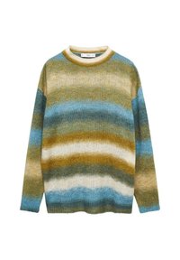 Dzianinowy sweter z okrągłym dekoltem w poziome paski w odcieniach niebieskiego, zielonego, brązowego, białego i szarego, z długimi rękawami i luźnym krojem.