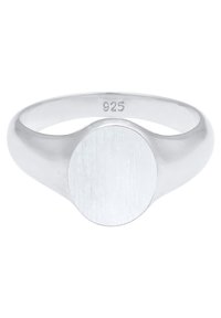 Hõbedane signetisõrmus, 925 sterling; ümar bänd harjatud ovaalse näo ja siledate äärtega. Minimalistlik disain.