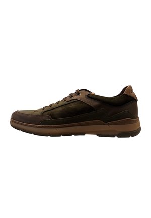 Bruine en olijfgroene sportieve sneakers met een bovenwerk van suede en synthetisch materiaal, een ronde neus, vetersluiting en een gevoerde rubberen zool.