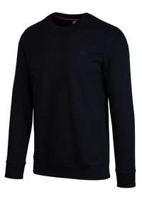 Zwarte sweatshirt met lange mouwen, geribbelde ronde hals en boorden. Heeft een subtiele logo aan de voorkant. Zachte stof met een gladde textuur.