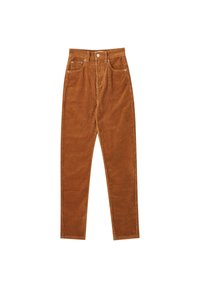 Pantalon en velours côtelé marron taille haute avec bouton devant, fermeture éclair et design cinq poches, posé à plat sur fond blanc.