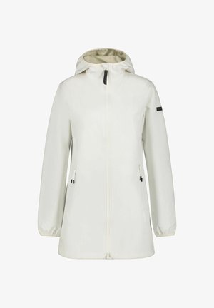 Letvægts hvid jakke med lynlås foran, justerbar hætte, elastiske manchetter og to sidelommer. Har minimalistiske sorte accenter.