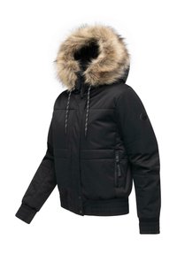 Black winter jacket with elastic cuffs, zippered pockets, and a hood lined with thick brown fur trim and drawstrings.