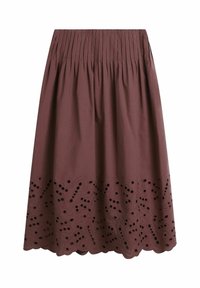 Brun midi nederdel med plisseret linning og bølget kant med blomsterudskåret broderimønster.