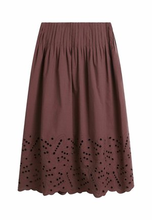 Bruine midi-rok met geplooide tailleband en geschulpte zoom met bloemrijke uitsnijdversiering.